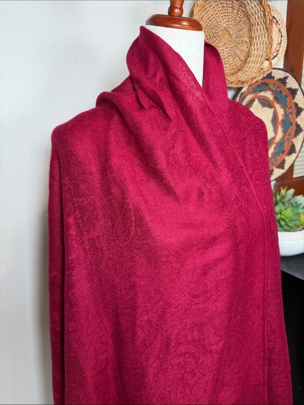 Pashmina Silk Scarf Red Raspberry with Tassels Fringe
